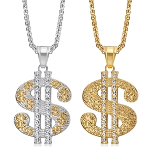 Hip Hop Dollar Sign Pendant Necklace Titanium Steel Gold Plated Rhinestone Inlaid Money Symbol Charm Jewelry For Men Women Daily Party