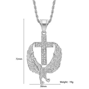 Iced out cross and eagle pendant necklace in silver tone with twisted rope chain