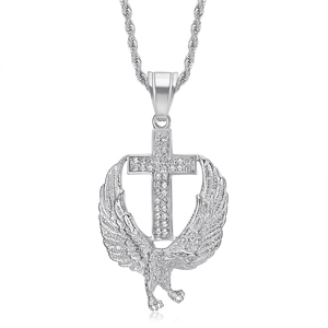 Hip-hop silver steel cross eagle pendant necklace with sparkling zircon stones