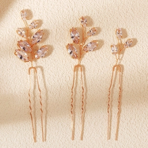 Set di 3 forcine per capelli da sposa dorate con foglie di cristallo e design artigianale