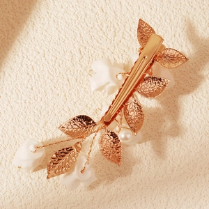 Elegant gold flower hair clip with white pearls and delicate leaves for Hanfu style
