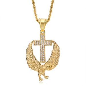 Gold plated titanium steel eagle cross necklace with sparkling white zircons on rope chain