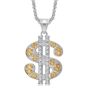 Hip hop style gold plated dollar sign pendant necklace with crystals on twisted chain