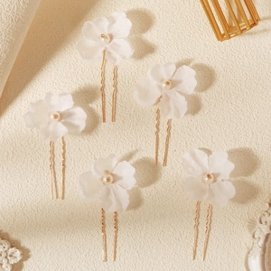 Fünfteiliges Set weißer Netzblumen-Haarnadeln mit Perlen und goldenen U-förmigen Clips