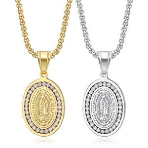 Hip Hop Unsere Liebe Frau von Guadalupe Oval Anhänger Halskette Titanstahl Gold Strass Religiöser Schmuck Herren Damen