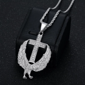 Hip hop silver eagle wings cross necklace with sparkling rhinestones and twisted rope chain