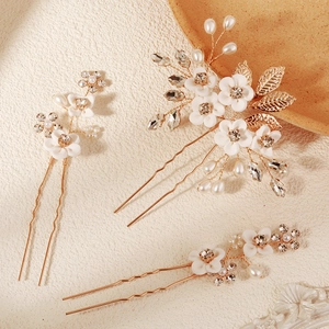 Handmade bridal U-shaped hair pins with 3D resin flowers, pearls, and crystals in gold finish