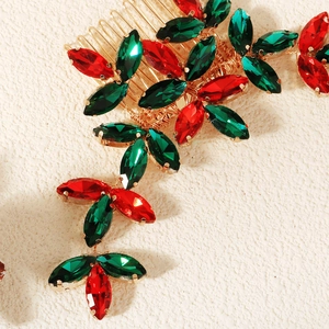 Peigne à cheveux de Noël fait main avec strass marquise rouges et verts sur base dorée