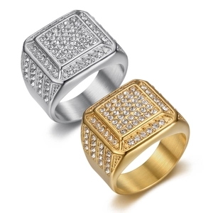 Hip Hop Men's Titanium Steel Square Signet Ring Pavé Rhinestone Gold Silver Plated Geometric Finger Ring Nightclub Fashion Jewelry