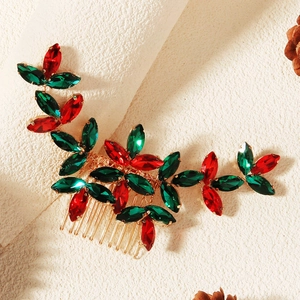 Peigne à Cheveux de Noël Fait à la Main Avec Strass Marquise Rouge Vert Alliage d'Or Accessoire de Cheveux Pour Femme Bijoux