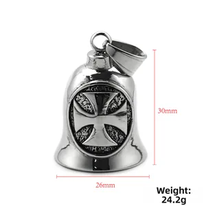 Retro stainless steel biker bell pendant with cross design, weight 24.2g and 30x26mm size