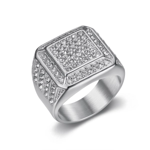 Luxury Hip Hop signet ring for men in silver finish with iced-out pave set square diamonds