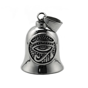 Polished steel necklace with Eye of Horus bell pendant featuring detailed textures