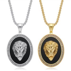 Collier Pendentif Tête de Lion Hip Hop en Acier Titane Strass Pave Médaillon Animal Ovale Bijoux pour Hommes Or Argent