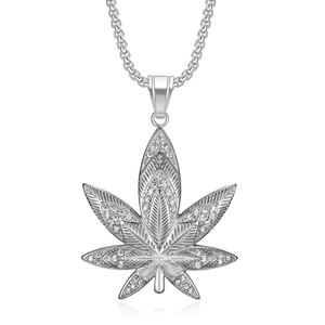 Hip hop silver maple leaf pendant necklace with crystals on chunky chain for men