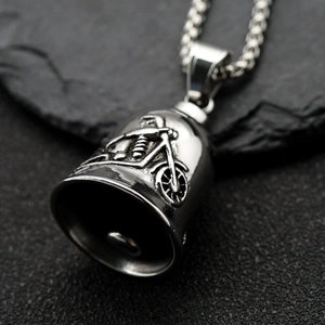 Mens vintage stainless steel motorcycle bell pendant necklace with polished silver finish