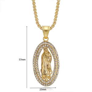 Detailed view of hip hop gold pendant with crystal stones, sized 57mm by 25mm