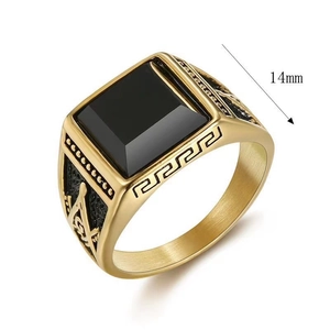 Macro shot of 14mm square black agate gemstone on gold Masonic signet ring for men