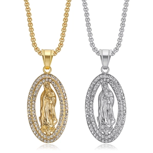 Hip Hop Stainless Steel Virgin Mary Pendant Necklace Religious Our Lady Of Guadalupe Pendant With Rhinestone Electroplated Jewelry For Men Women