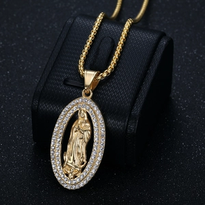 Hip hop gold plated stainless steel Virgin Mary pendant necklace with clear crystals