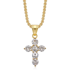 Golden titanium steel necklace featuring a crystal cross pendant with 3A cubic zirconia stones