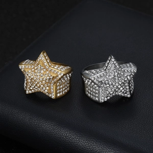 Iced out pentagram hip hop rings in gold and silver finish with pave zircons