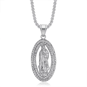 Detail of silver-plated Virgin Mary pendant with sparkling pavé rhinestones and box chain