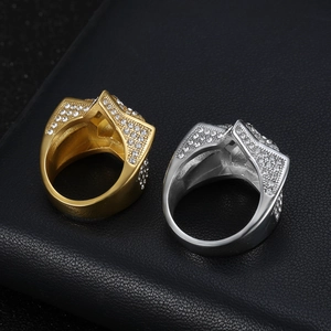 Hip hop style titanium steel ring with paved zircons in gold and silver finish