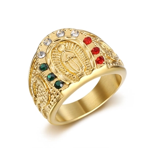 Gold plated hip hop ring featuring Virgin Mary relief with red, green and white crystals