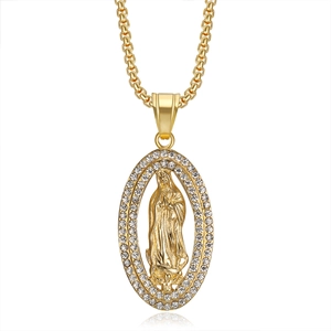 Hip hop gold plated titanium steel necklace with iced out Virgin Mary saint pendant