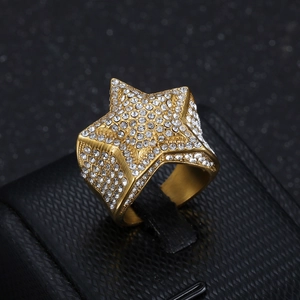 Hip Hop Men Five Point Star Ring Titanium Steel Full Zirconia Inlaid Gold Silver Color Geometric Band Ring Party Jewelry