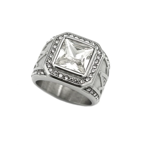 Anillo masónico cuadrado de plata con circón transparente y símbolos grabados