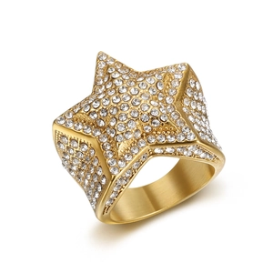 Hip-hop gold star ring with full pavé cubic zirconia inlay in stainless steel