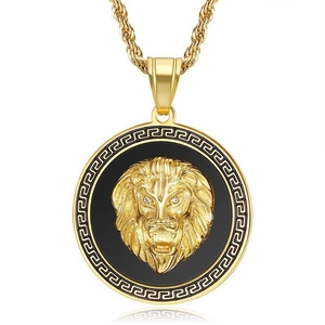 Collier Pendentif Tête De Lion En Acier Titane Hip Hop Avec Motif Grec Yeux En Strass Bijoux Or Argent Pour Hommes Femmes