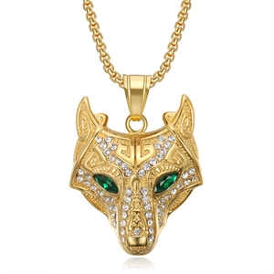 Collier pendentif tête de loup Viking en or avec diamants et yeux en pierres précieuses