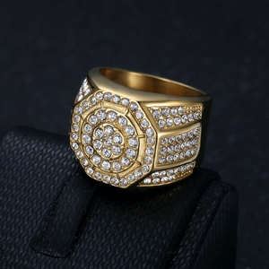 Luxurious men's gold plated iced out ring with shimmering pave set cubic zirconia stones