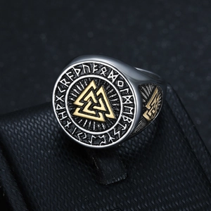 Bague Valknut viking vintage pour homme avec runes dorées sur anneau en acier argenté