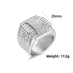 Close-up of hip hop square ring in silver steel with iced out rhinestone pavé detail