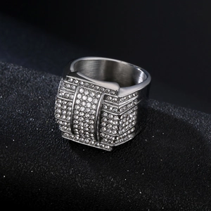 Luxurious wide rectangle iced-out hip hop ring in polished silver stainless steel
