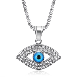 Collier avec pendentif oeil bleu en acier inoxydable argenté style hip hop et cristaux
