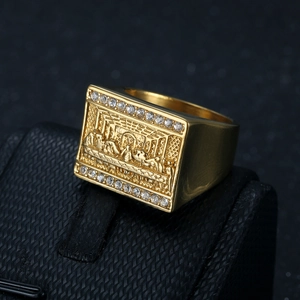 Hip hop gold plated stainless steel Last Supper ring with side diamond accents