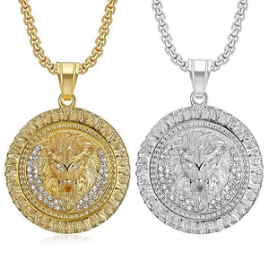 Hip Hop Löwenkopf Anhänger Halskette Edelstahl Strass Feuermähne Rundes Medaillon Für Herren Damen Tier Schmuck