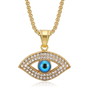 Collier pendentif œil maléfique hip hop plaqué or avec strass brillants et émail bleu