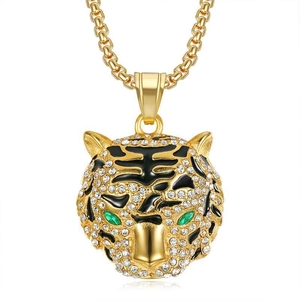Collier hip hop avec pendentif tête de tigre plaqué or, diamants et yeux verts