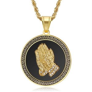 Collier Pendentif Mains en Prière Hip Hop Acier Inoxydable Strass Incrusté Bordure Grecque Bijoux Style Religieux Unisexe