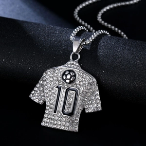 Collier hip hop pendentif maillot de foot argenté avec numéro 10 et cristaux brillants