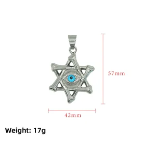 Detailed size map of silver hip-hop star pendant with blue eye, 57mm by 42mm