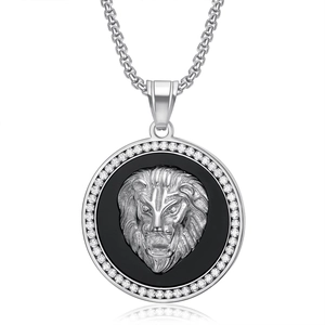 Collier pendentif tête de lion hiphop argent et noir avec micro-pavage en zircone