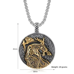 Viking stag pendant necklace with gold deer relief, dimensions 45mm by 36mm, weight 20g