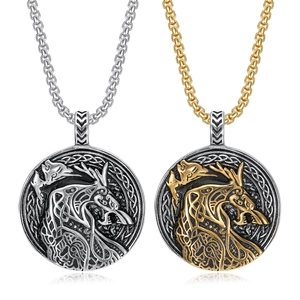Viking Wolf Head Necklace For Men Stainless Steel Norse Amulet Celtic Dragon Totem Relief Round Pendant Retro Gothic Jewelry Gift